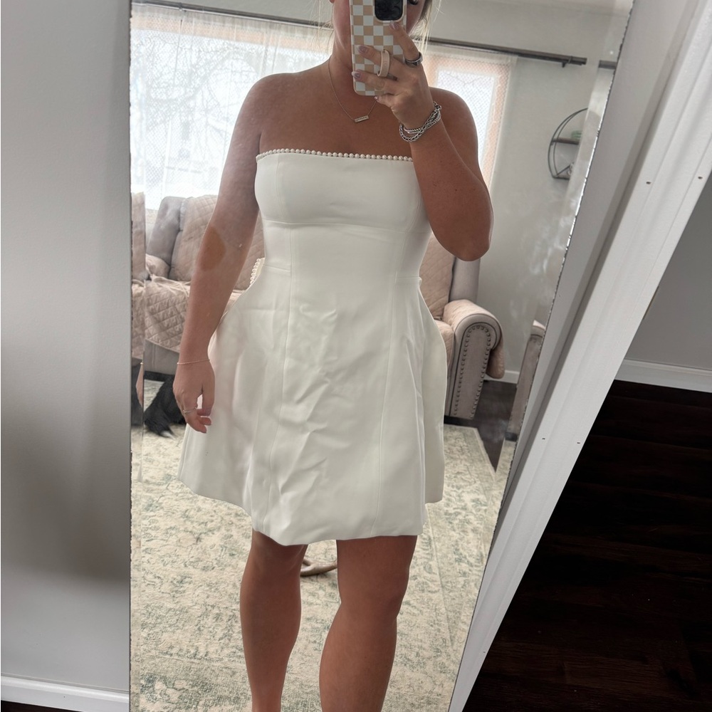 Babyboo fashion- Suni mini dress- Strapless White Pearl-Trim Mini Dress.